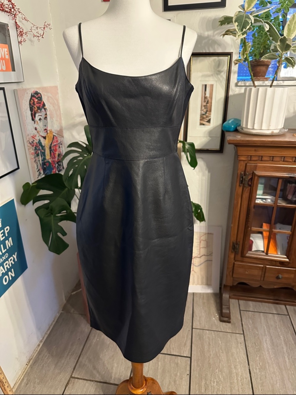 BCBGMaxAzria Faux Black Leather Slip Dress with Spaghetti Straps 6 NWT